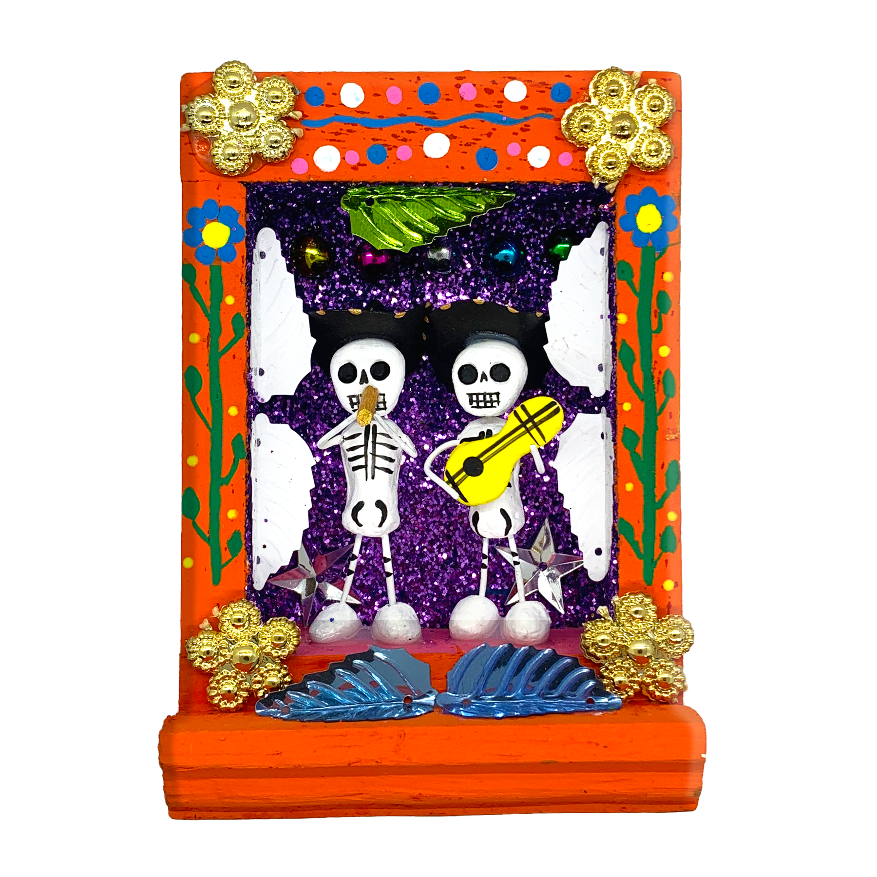 Handmade Shadow Box Nicho - Calaca Musicos (Skeletons