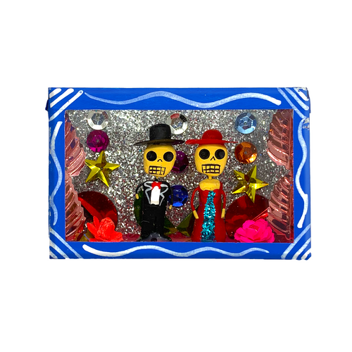 Handmade Window Shadow Box Nicho - Catrina y Catrin Shadow Boxes Mexico CC Blue Wood Box  