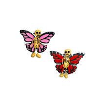 Load image into Gallery viewer, Mexican handmade folkart butterfly mariposa featuring calavera for day of the dead or Dia de muertos. crafted of barro and wood, meticulously handpainted and unique. Comes in 2-pack set. 
