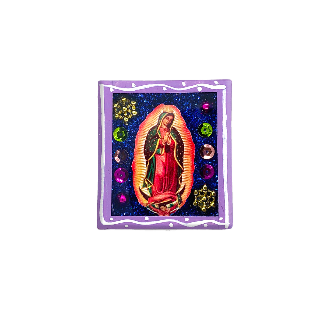 Handmade Wood Portrait Nicho Magnet - Virgen de Guadalupe Shadow Boxes Mexico Lilac Box