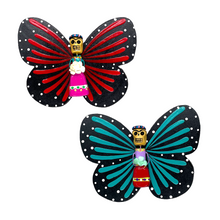 Load image into Gallery viewer, Mexican handmade folkart butterfly mariposa featuring calavera Frida. crafted of barro and wood, meticulously handpainted and unique. Comes in 2-pack set.