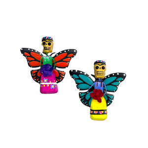 Mexican handmade folkart butterfly mariposa featuring calavera Frida. crafted of barro and wood, meticulously handpainted and unique. Comes in 2-pack set.