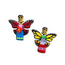Load image into Gallery viewer, Mexican handmade folkart butterfly mariposa featuring calavera Frida. crafted of barro and wood, meticulously handpainted and unique. Comes in 2-pack set.