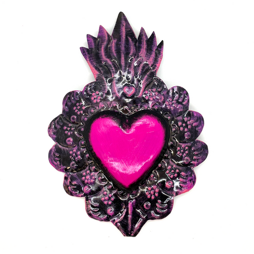 Handmade Tin Mexican Milagro Hearts - Poder Magenta