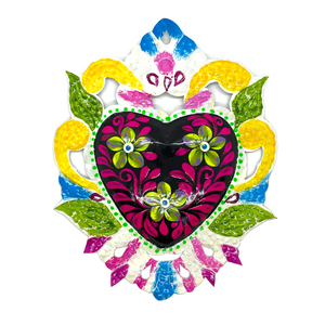 Handmade Tin Mexican Milagro Hearts - Enchanted Floral