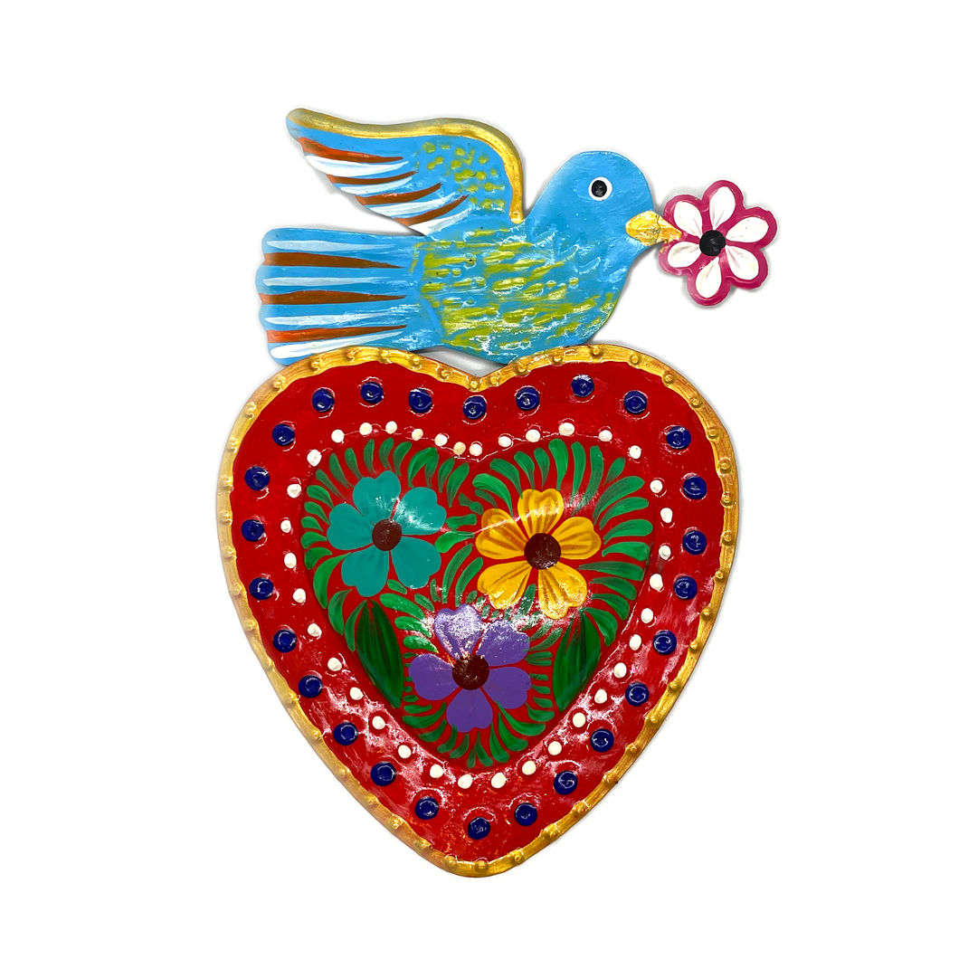 Handmade Tin Mexican Milagro Hearts - Daisy Bird Tin Milagro Hearts Mexico MH Blue/Red  