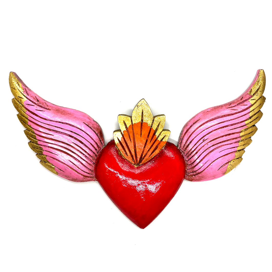 Handmade Jumbo Solid Wood Carved Flying Mexican Milagro Heart - Love Wings