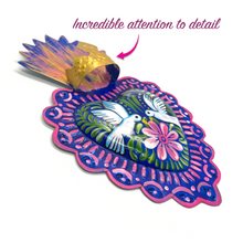 Load image into Gallery viewer, Handmade Tin Mexican Milagro Hearts - Palomas Blancas con Corona