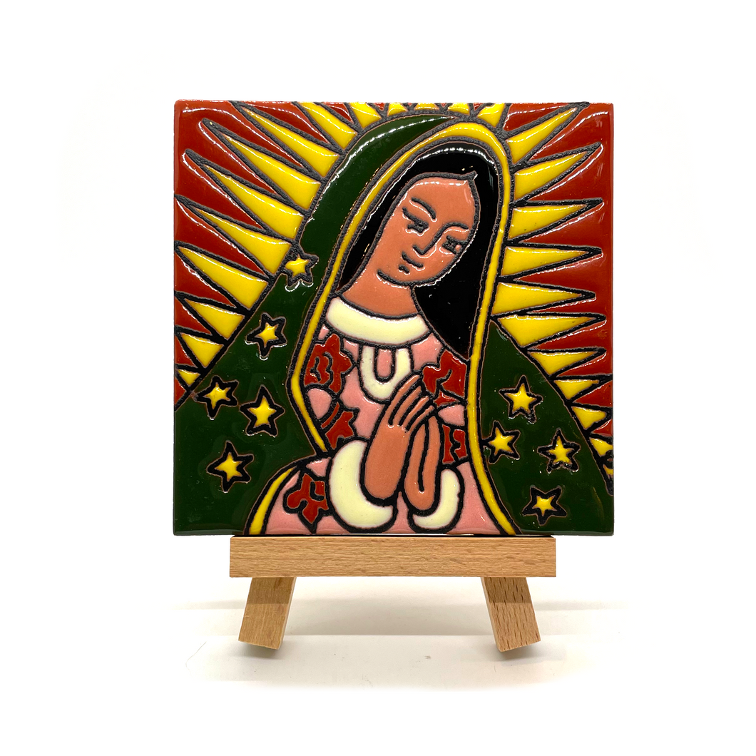 Handmade Clay Tile and Stand - Virgen de Guadalupe