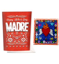 Load image into Gallery viewer, mexican mother&#39;s day dia de las madres musical greeting card plays cielito lindo and handmade milagro heart nicho magenet gift set