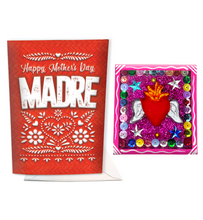 Load image into Gallery viewer, mexican mother&#39;s day dia de las madres musical greeting card plays cielito lindo and handmade milagro heart nicho magenet gift set