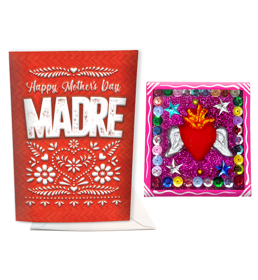 mexican mother's day dia de las madres musical greeting card plays cielito lindo and handmade milagro heart nicho magenet gift set
