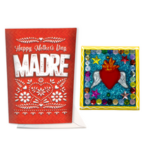 Load image into Gallery viewer, mexican mother&#39;s day dia de las madres musical greeting card plays cielito lindo and handmade milagro heart nicho magenet gift set
