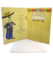 Load image into Gallery viewer, mexican happy father&#39;s day or feliz dia de las padres. Musical greeting card plays El Rey once opened with papel picado design on front