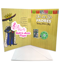Load image into Gallery viewer, mexican happy father&#39;s day or feliz dia de las padres. Musical greeting card plays El Rey once opened with papel picado design on front
