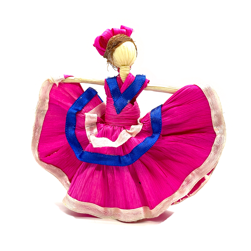 Handmade Mexican Corn Husk Tamal Folklorico Dancer Doll Art & Decor Mexico LA Magenta  