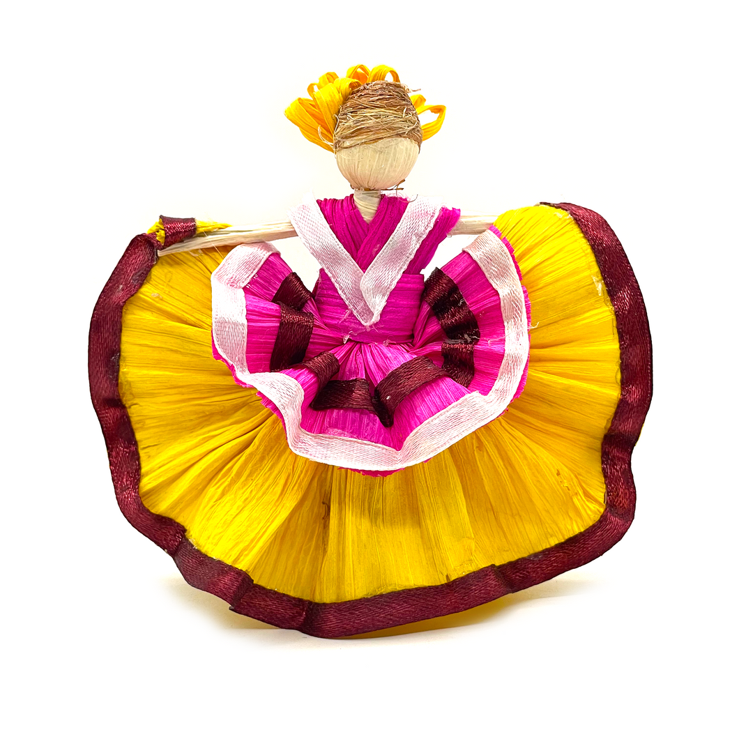 Handmade Mexican Corn Husk Tamal Folklorico Dancer Doll Art & Decor Mexico LA Yellow  