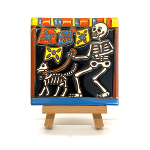 Mexican Handmade Clay Tile and Stand - Dog - Papel Picado and Leash Tile Mexico
