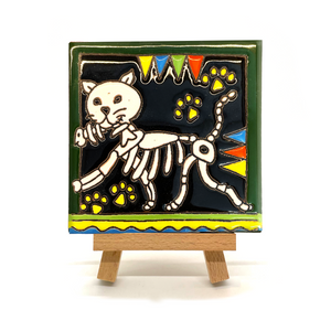 Handmade Clay Tile and Stand - Gato, Cat Feliz