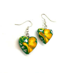 Handmade Earrings - Alebrije Style Jewelry Mexico Heart - Green  