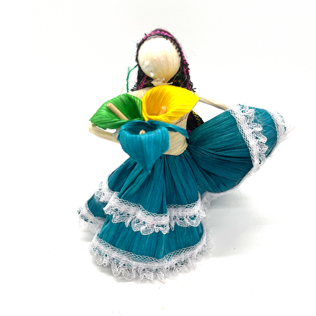 Handmade Mexican Corn Husk Tamal Miss Bouquet Doll Art & Decor Mexico LA Teal  