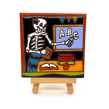Load image into Gallery viewer, Handmade Clay Tile and Stand - Sra. Maestra Calaca Muerta