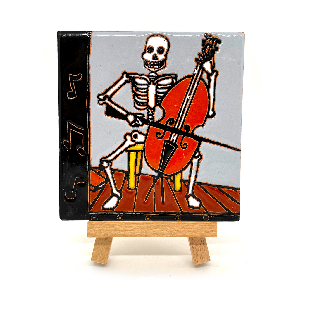 Handmade Clay Tile and Stand - Calaca Musico Violonchelo Tile Mexico   