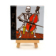 Mexican Handmade Clay Tile and Stand - Calaca Musico Violonchelo Tile Mexico