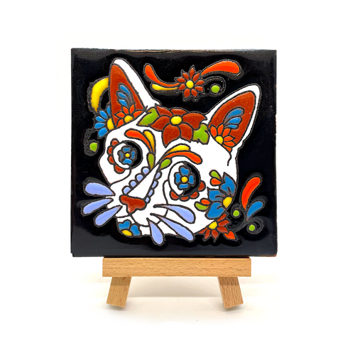 Handmade Clay Tile and Stand - Calavera Cat