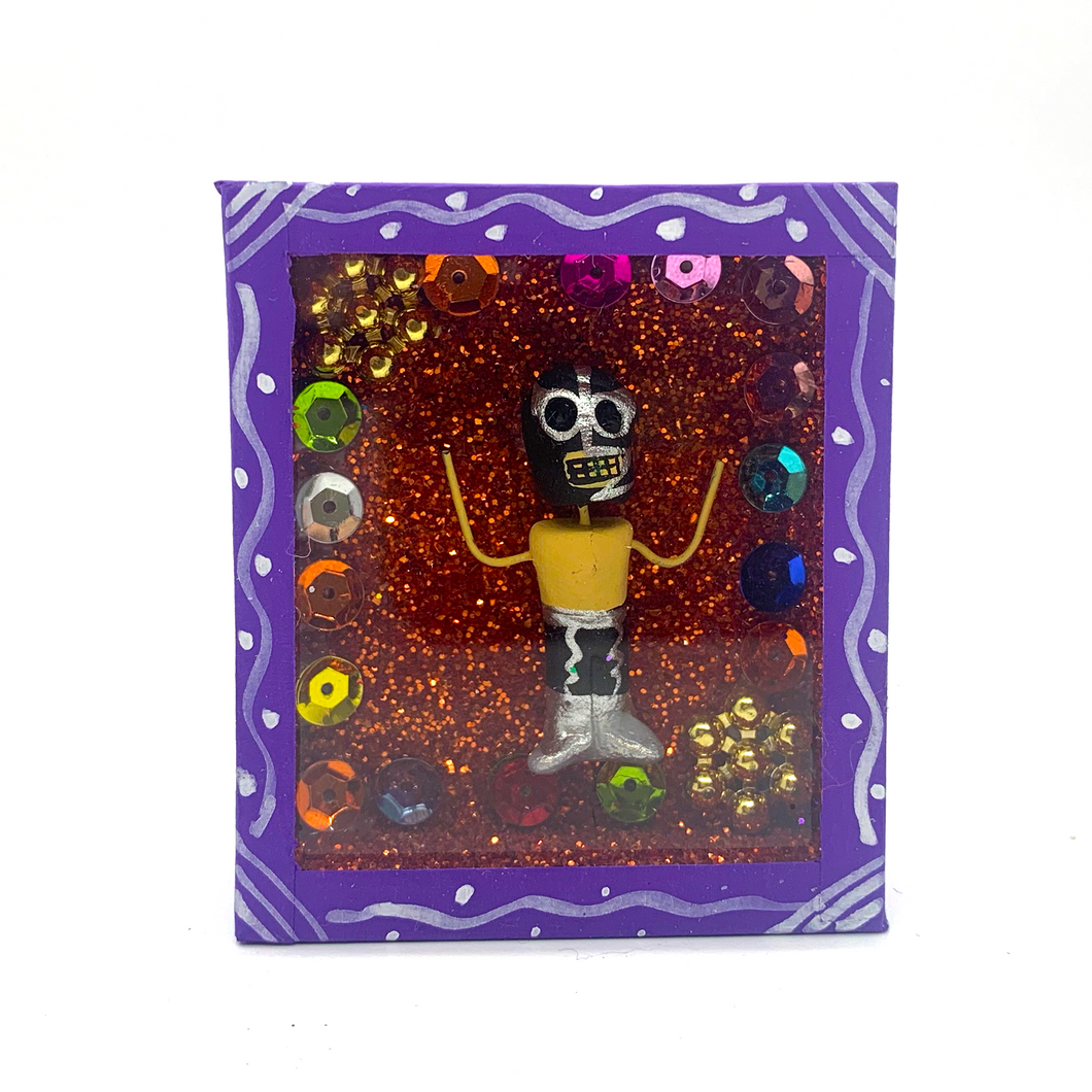 Handmade Square Shadow Box Nicho - Luchadores Lucha Libre, Mexican Wrestlers Magnet Shadow Boxes Mexico Lavender  