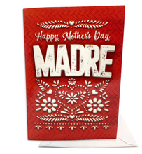 Load image into Gallery viewer, Mexican Mother&#39;s Day or Dia de las Madres musical greeting card plays cielito lindo when opened. Includes Madre on front cover over papel picado design.