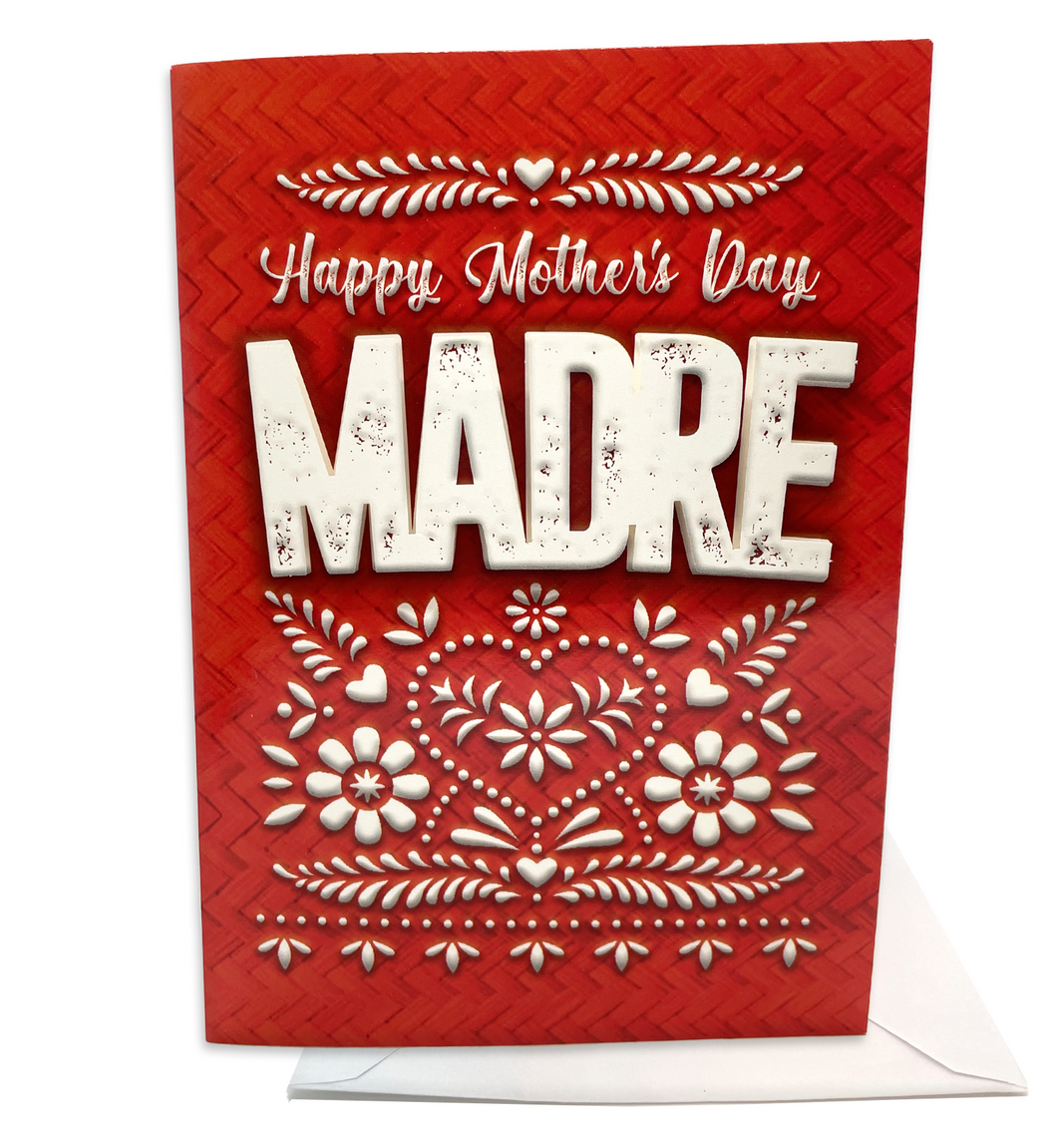 Mexican Mother's Day or Dia de las Madres musical greeting card plays cielito lindo when opened. Includes Madre on front cover over papel picado design.
